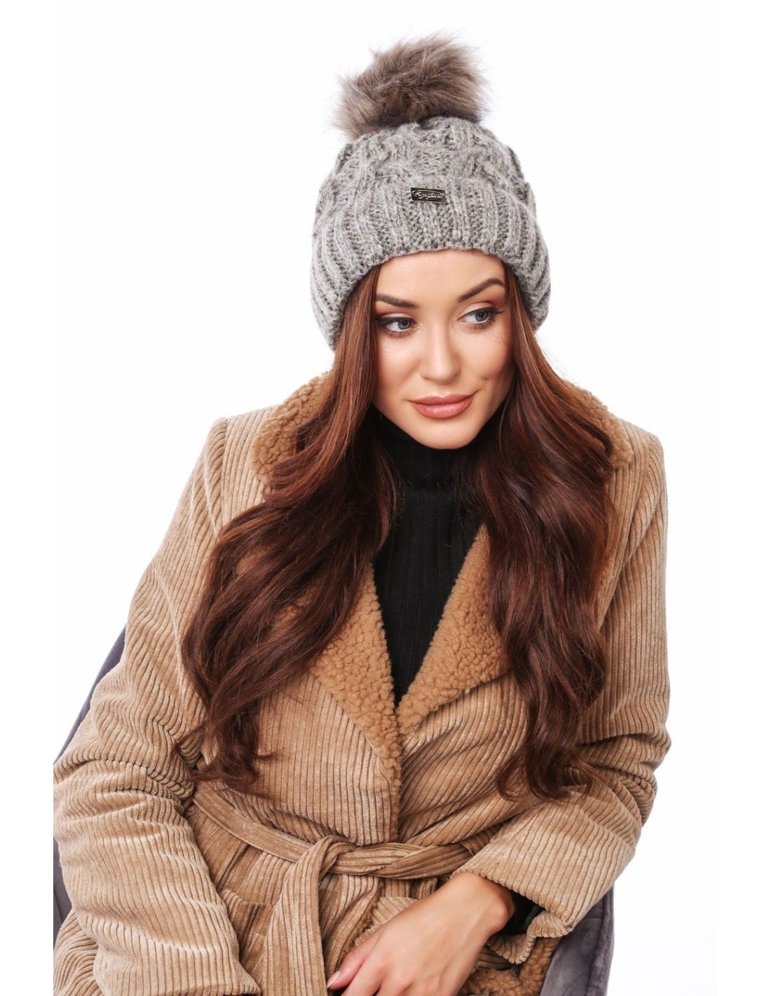 Winter hat with a shimmering thread and cappuccino braids C49 - Online store - Boutique